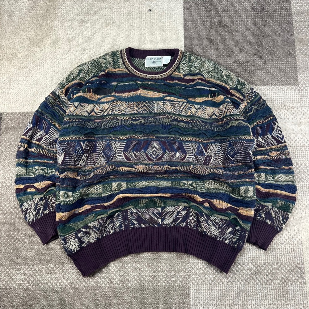 Idea Uomo Men L 3D Knit Sweater Multi Color Abstract Coogi Style Vintage Italian
